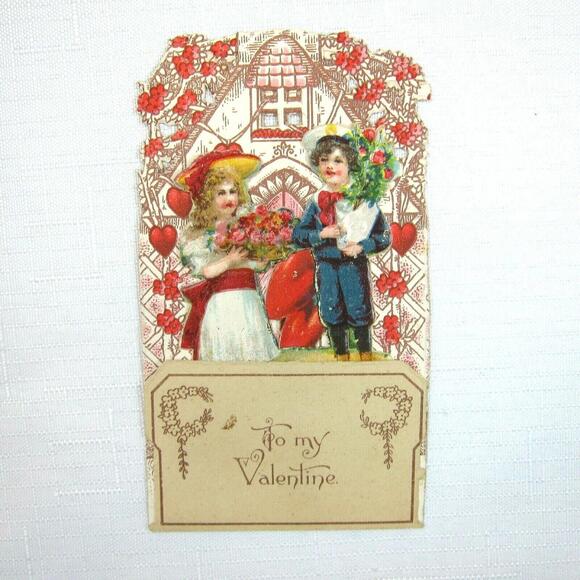 Vintage Valentine Pop Up 3D Pull Down Die Cut Victorian Girl Boy Flowers Germany - Picture 4 of 12